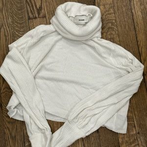 Joah Brown White Ribbed Cropped Turtleneck Long Sleeve Tee